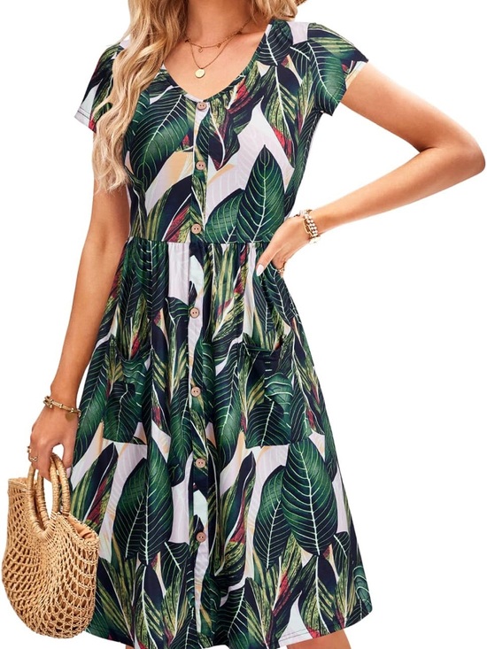 OUGES Dresses & Skirts - Button-Front Midi Dress with Green Leaf Print